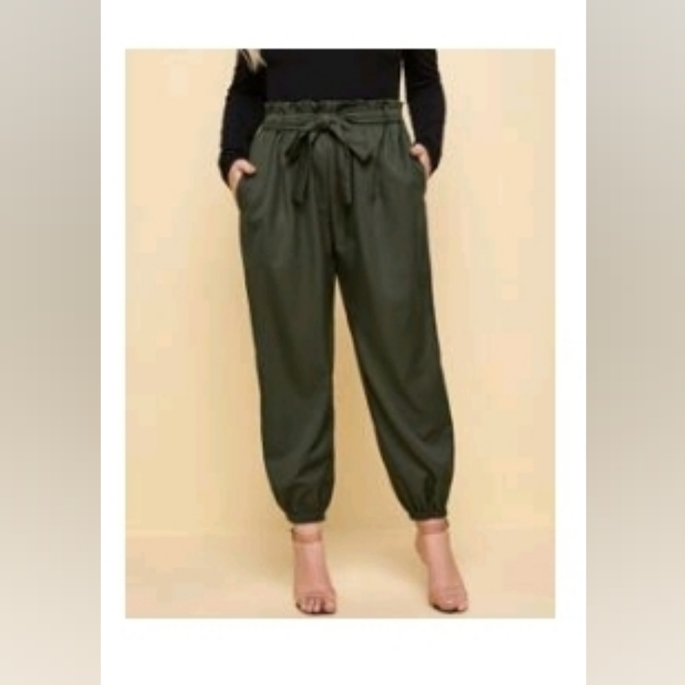 Plus Solid Paper Bag Waist Belted Pants